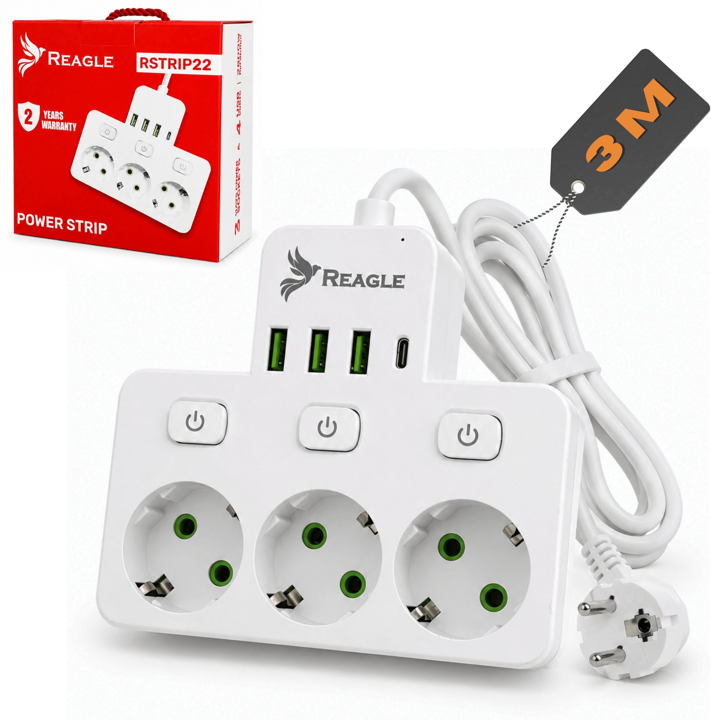 Listwa zasilająca Reagle PRZEDŁUŻACZ LISTWA ZASILAJĄCA 3M ROZGAŁĘŹNIK 3 GNIAZDA 230V 3x USB 1x USB-C REAGLE