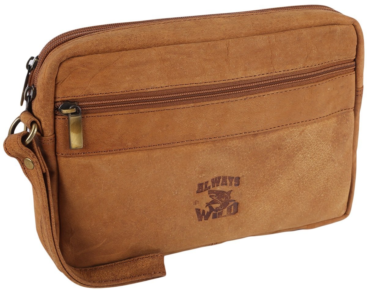 Skórzana saszetka męska do ręki lub na nadgarstek Always Wild brązowa elegancka na suwak kieszonki na telefon portfel skóra bydlęca nubukowa