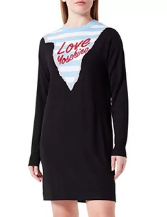 Sukienki - Love Moschino Damska sukienka o regularnym kroju z długim rękawem i wzorem w paski, wzór górski, styl Intarsia i Embroidery, czarny, 40 - grafika 1