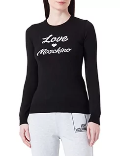 Swetry damskie - Love Moschino Damski sweter z długim rękawem, krój slim fit, z włoskim logo, żakard, Intarsia, czarny, 46 - grafika 1