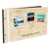 Albumy fotograficzne - Album Na Zdjęcia Pierwsza Strona Z Twoimi Fotkami W Drewnianej Oprawie Z Czarnymi Kartami Z Grawerem Zwiedzamy Świat Mapa Świata Podróże Dookoła Świat - miniaturka - grafika 1