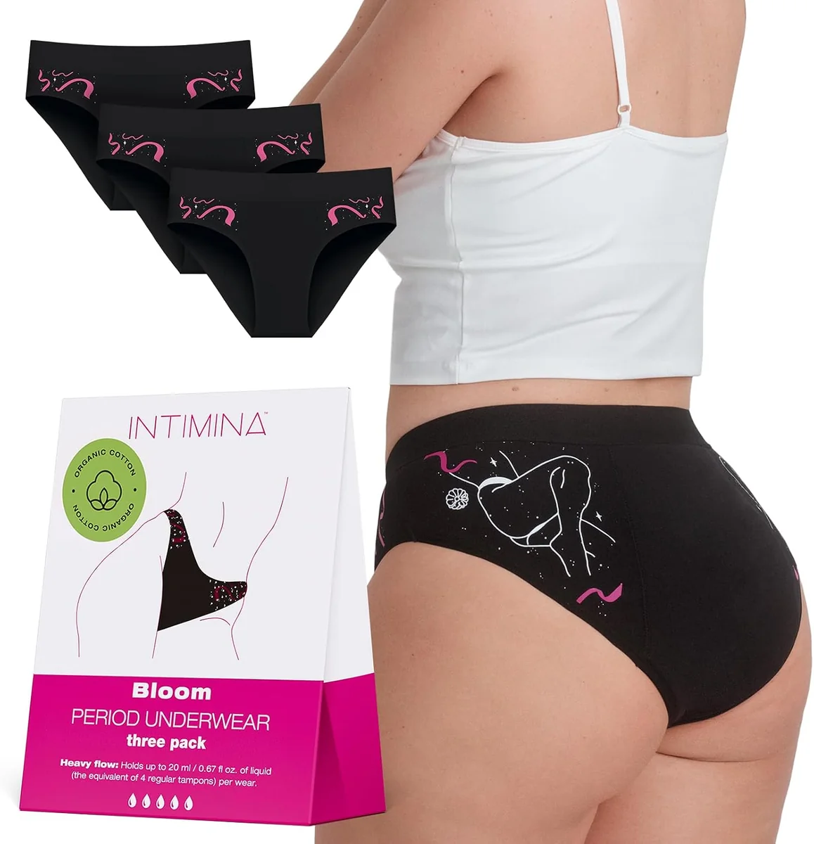 Majtki menstruacyjne INTIMINA Bloom XXL czarne 3 sztuki bawełna
