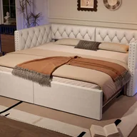 Sofy i kanapy - Tapicerowana sofa rozkładana 90x200 cm - z wysuwanym łóżkiem - z oświetleniem LED - MDF + pościel - beżowa (materac nie jest wliczony w cenę) - miniaturka - grafika 1