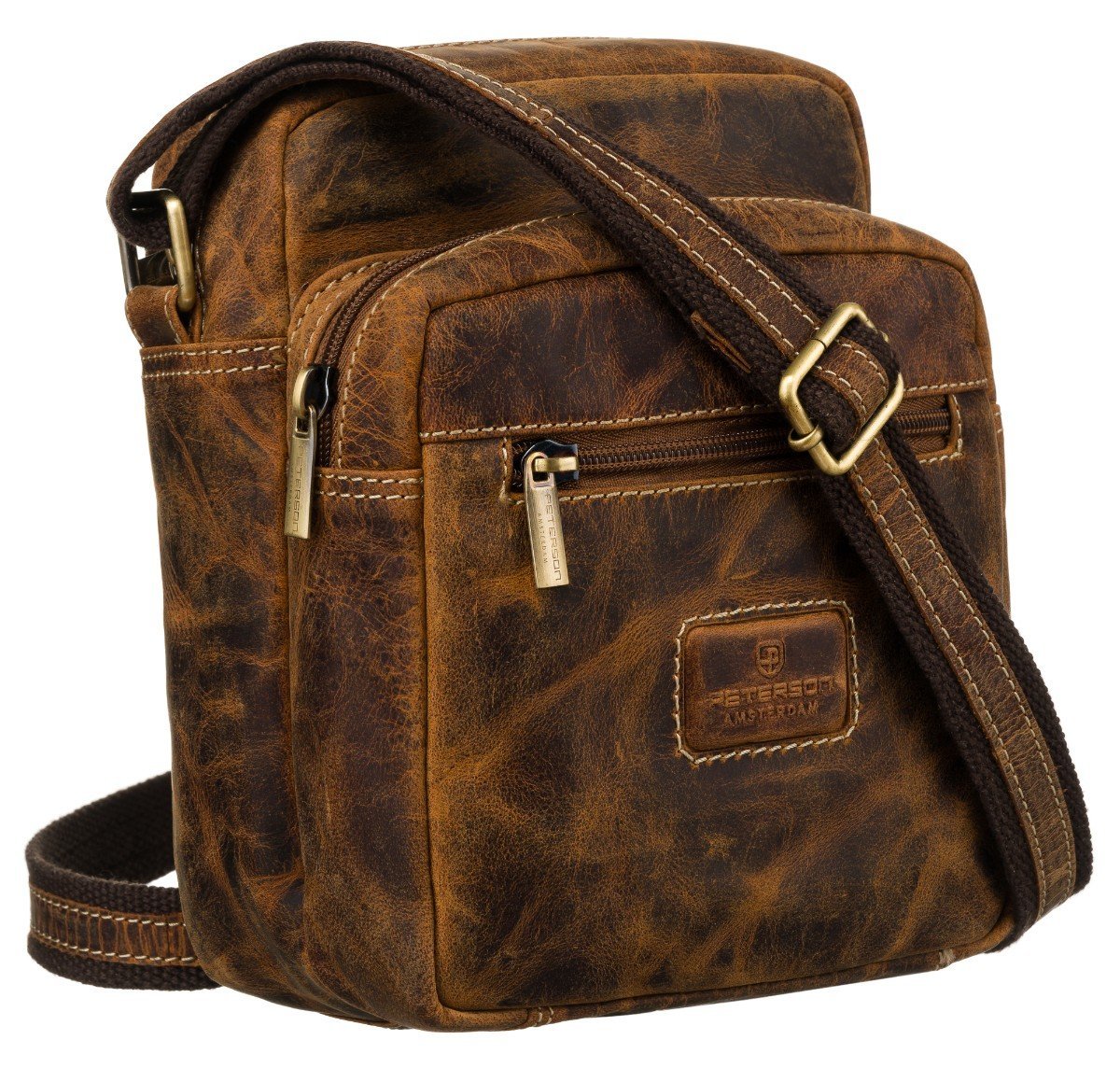 Skórzana torebka męska na ramię mała brązowa listonoszka na suwak saszetka miejska kieszonki PETERSON