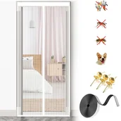 Moskitiery - Magnetyczna moskitiera na drzwi 90 x 210 cm, moskitiera z magnesami i naklejkami, siatkowa kurtyna na drzwi z funkcją hands-free, biała - miniaturka - grafika 1