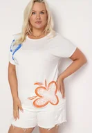 Koszulki i topy damskie - Biały Klasyczny T-shirt z Bawełny Ozdobiony Nadrukiem i Cyrkoniami Kristinae - miniaturka - grafika 1