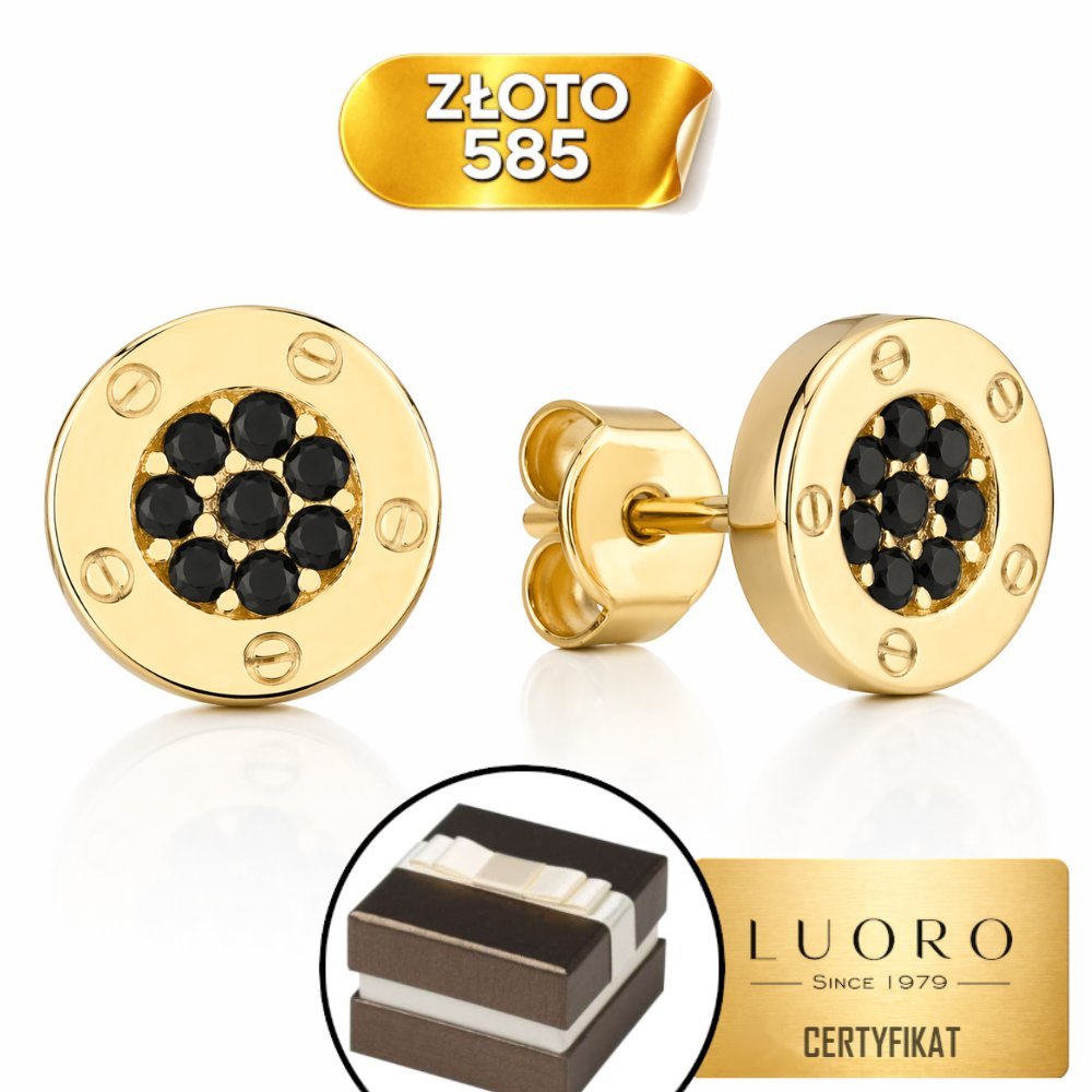 KOLCZYKI ZŁOTE 585 14K KÓŁECZKA Z CZARNYM KAMIENIEM 7 MM SZTYFT