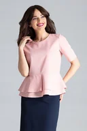 Bluzki damskie - Elegancka BLUZKA damska z podwójną baskinką różowa L - miniaturka - grafika 1