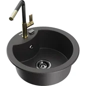 Zlewozmywaki z baterią - Mexen Diego zlewozmywak granitowy 1-komorowy z baterią kuchenną Flora, czarny nakrapiany - miniaturka - grafika 1