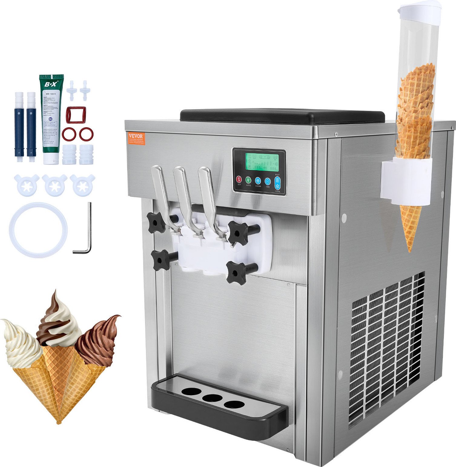 Profesjonalna maszyna do lodów VEVOR, 1800 W, 3 smaki, miękki blat roboczy, 2 x 4 L zbiorniki, 2 x 1,8 L cylindry, ekran LCD, automatyczne czyszczenie, wstępne chłodzenie
