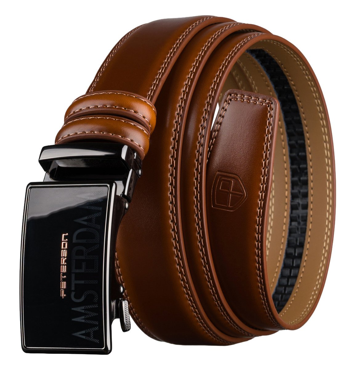 Pasek męski z automatyczną klamrą PETERSON skórzany elegancki czarna klamra casualowy brązowy