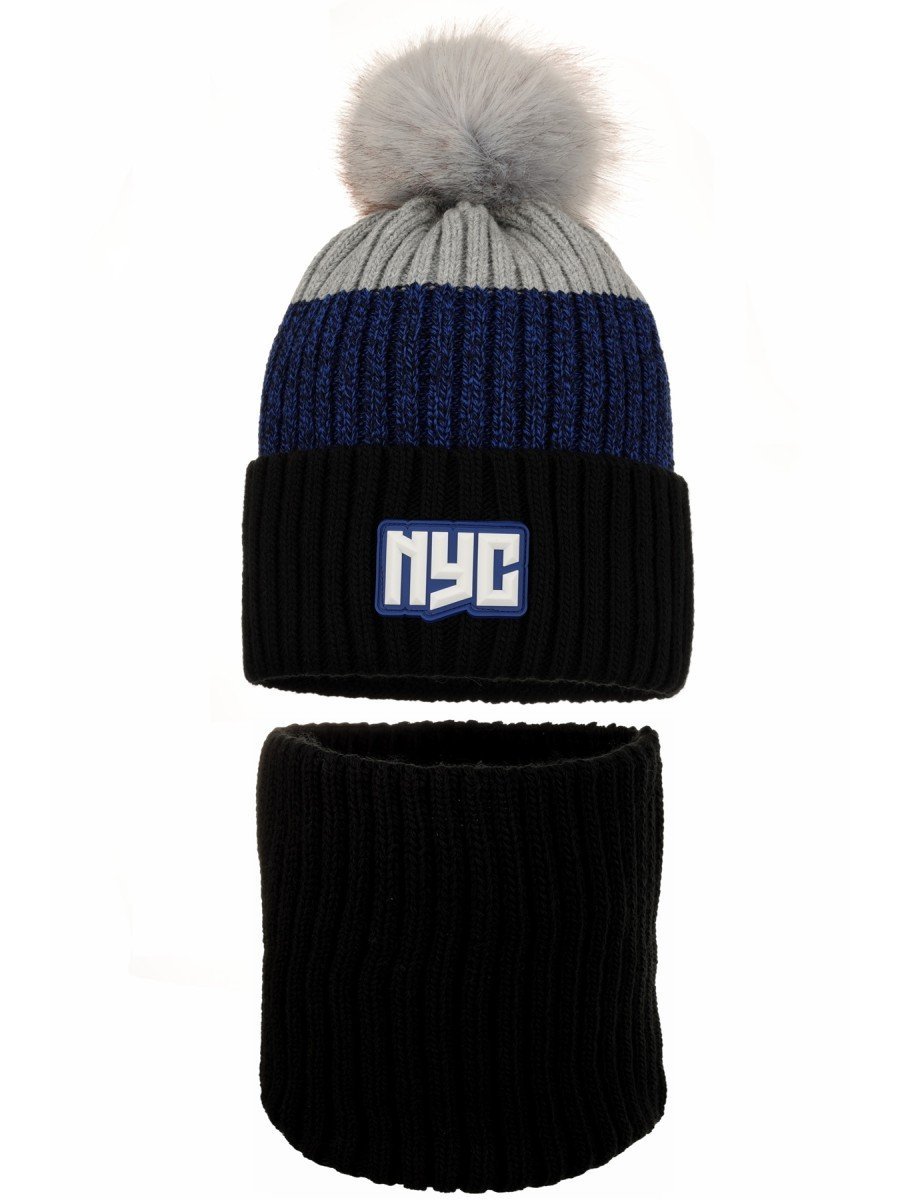 Chłopięcy komplet zimowy czapka i komin NYC czarny Ambra r.48/50