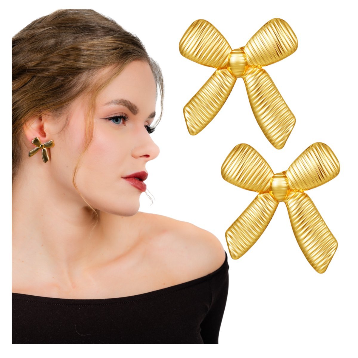 Kolczyki Sztyfty Złote Kokardy ze Stali Chirurgicznej 316L Pozłacane Lekkie