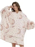 Bluzy damskie - BLUZA PLUSZOWA Z KAPTUREM RÓŻOWA COMFY KOC OVERSIZE CIEPŁA WZÓR TĘCZA - miniaturka - grafika 1