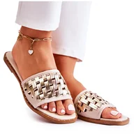 Klapki i japonki damskie - S.Barski Damskie Skórzane Klapki Na Płaskim Obcasie Beżowe Hollis beżowy - miniaturka - grafika 1