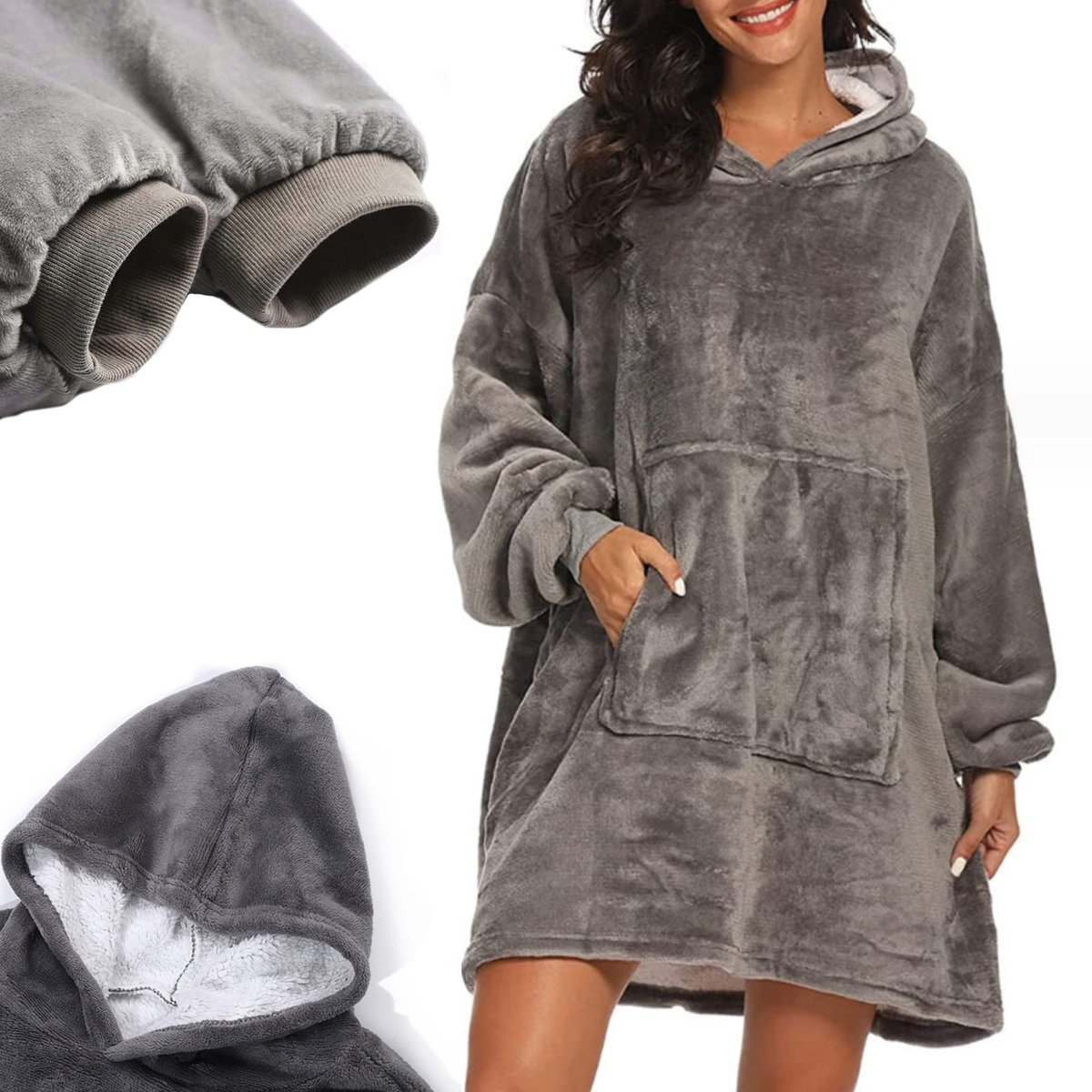 Koc bluza z kapturem 2w1 ocieplana szara kocobluza gruba oversize futrzak