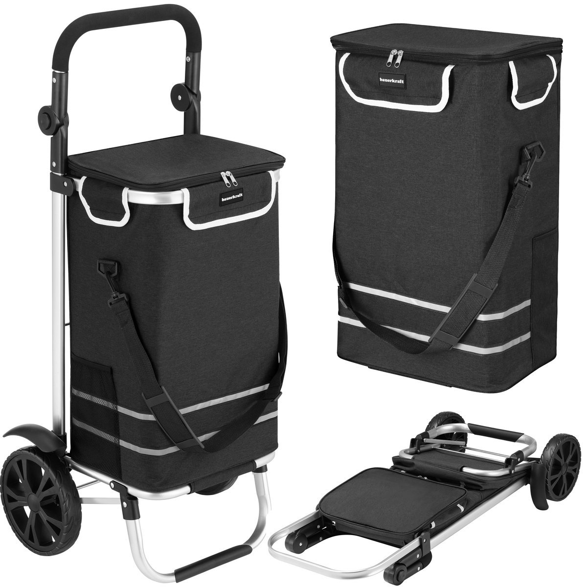 Wózek torba na zakupy na kółkach składany wodoodporny 42l odblaski czarny