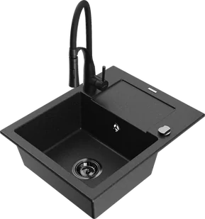 Mexen Enzo zlewozmywak granitowy 1-komorowy z ociekaczem i baterią kuchenną Aster, czarny/srebrny metalik - 6506-73-73450-70-B - Zlewozmywaki z baterią - miniaturka - grafika 1