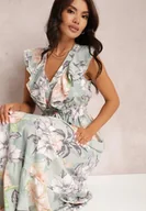 Sukienki - Miętowa Rozkloszowana Sukienka w Kwiatowy Wzór z Falbanami i Wiązaniem Kerna - Renee - miniaturka - grafika 1