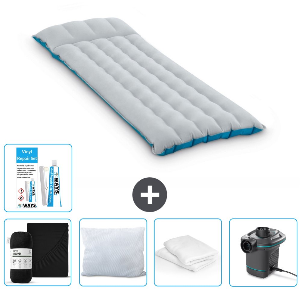 Mata kempingowa Intex - 1 osoba - 67 x 184 x 17 cm - niebieska - zawiera prześcieradło - pocałunek - pompkę - zestaw naprawczy i ochraniacz na poduszkę