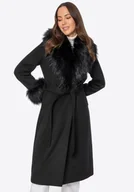 Płaszcze damskie - Płaszcz damski z wełną i futrzanymi elementami czarny - miniaturka - grafika 1