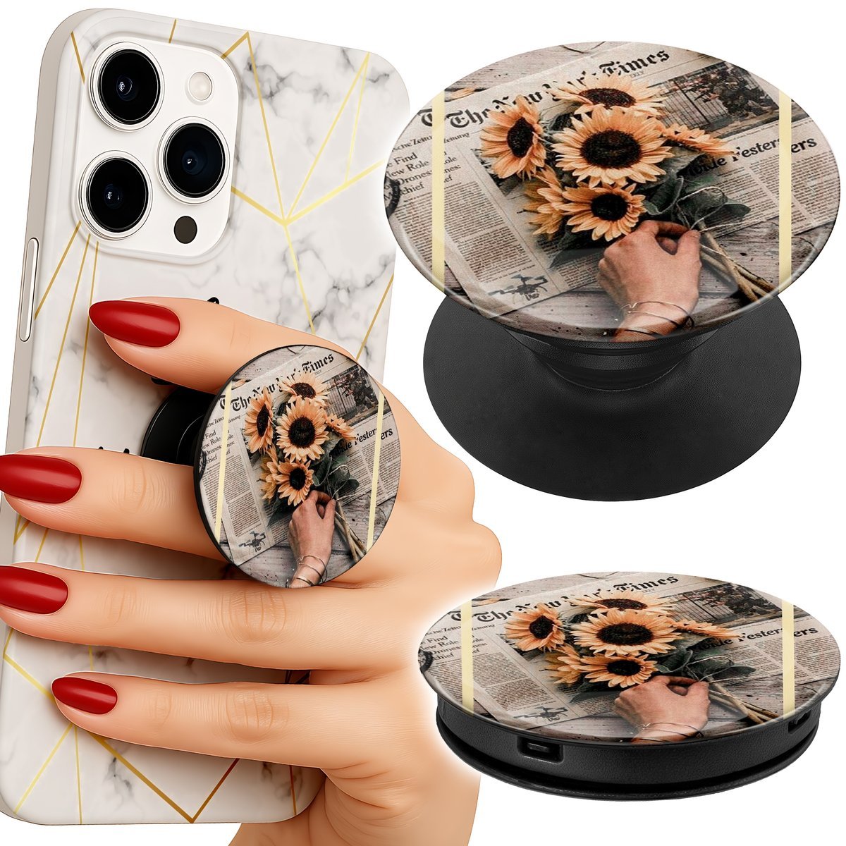 Uchwyt do telefonu Popsocket na palce/stojak KWIATISTY WZÓR SŁONECZNIK