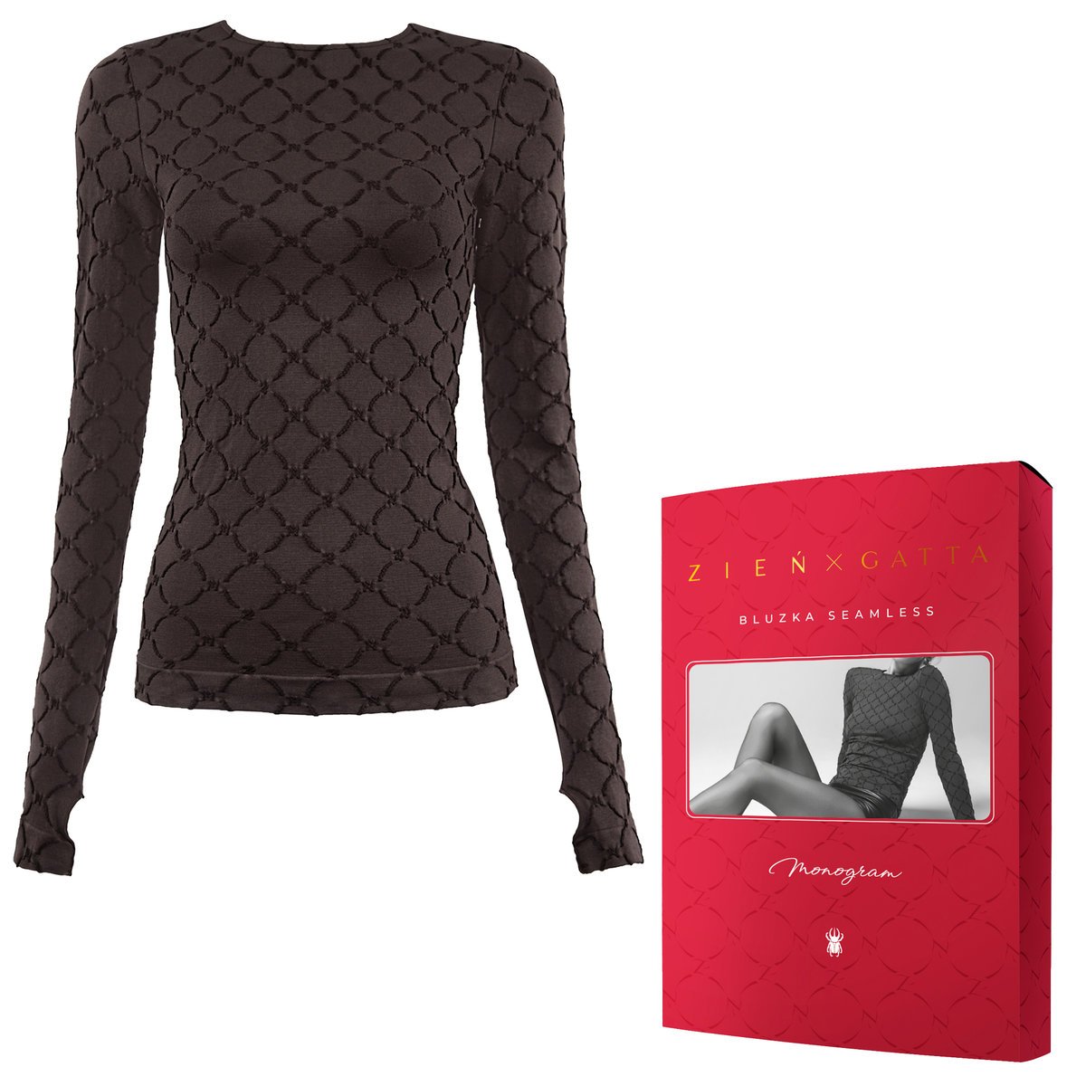 Gatta Bluzka damska Seamless Monogram - projektu MACIEJA ZIENIA, z kolekcji POEM, długi rękaw, geometryczny wzór, miękka, elastyczna, z wycięciami n..