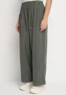 Spodnie damskie - Ciemnozielone Szerokie Spodnie z Bawełny z Wysokim Stanem Florili - miniaturka - grafika 1