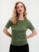 Swetry damskie - Zielony sweter z fakturą z krótkim rękawem - miniaturka - grafika 1