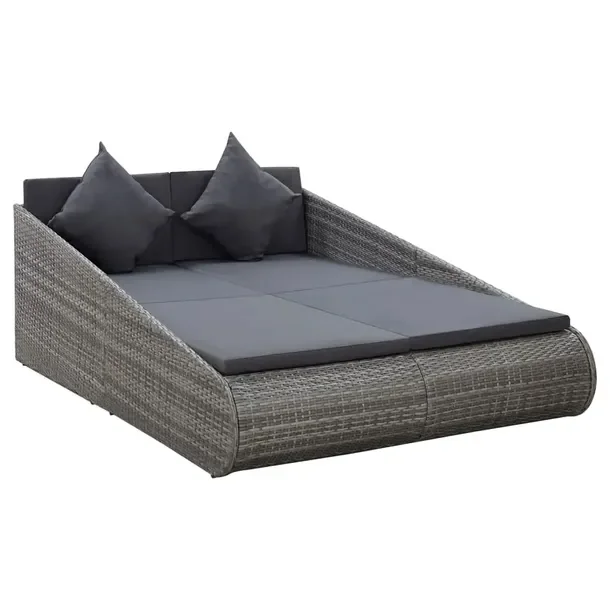 Leżak ogrodowy 2-osobowy szary rattan PE 110 x 200 x 55 cm z poduszkami