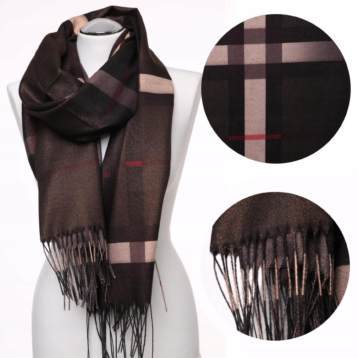 SZAL DAMSKI SZALIK MODNY ELEGANCKI W KRATKĘ MORAJ BLACK