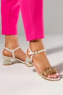 Espadryle damskie - Perłowe sandały z kryształkami damskie na ozdobnym złotym klocku Casu ER24X8-BE-38 - miniaturka - grafika 1