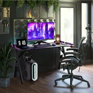 Biurka gamingowe - LZQ Stół do gier LED 160 cm x 60 cm, biurko dla graczy z haczykiem na słuchawki i powłoką węglową Ergonomiczny stół do komputera PC z uchwytem na kubek, czarny - miniaturka - grafika 1