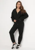 Komplety damskie - Czarny 2-częściowy Polarowy Komplet Dresowy z Bluzą i Szerokimi Spodniami Aldonor - miniaturka - grafika 1