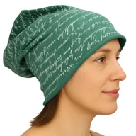 Czapki damskie - Czapka damska Beanie włoska cienka smerfetka zielona w białe napisy - miniaturka - grafika 1