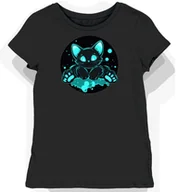 Koszulki i topy damskie - Koszulka damska czarna z nadrukiem turkusowego kota S - miniaturka - grafika 1