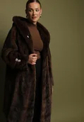 Płaszcze damskie - Brązowy Elegancki Płaszcz Futerko z Kapturem i Ozdobnymi Guzikami Esilea - miniaturka - grafika 1