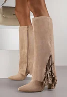 Kozaki damskie - Ciemnobeżowe Kozaki na Słupku z Wywiniętą Cholewką z Frędzlami Linadela - miniaturka - grafika 1