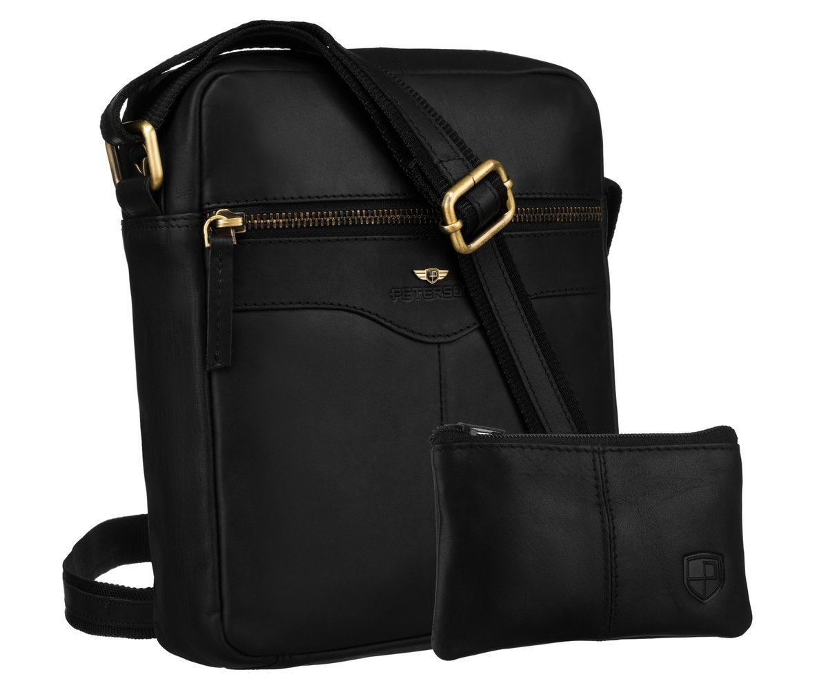Elegancka torebka męska PETERSON skórzana mała listonoszka na ramię miejska czarna na suwak kieszonki + etui na klucze