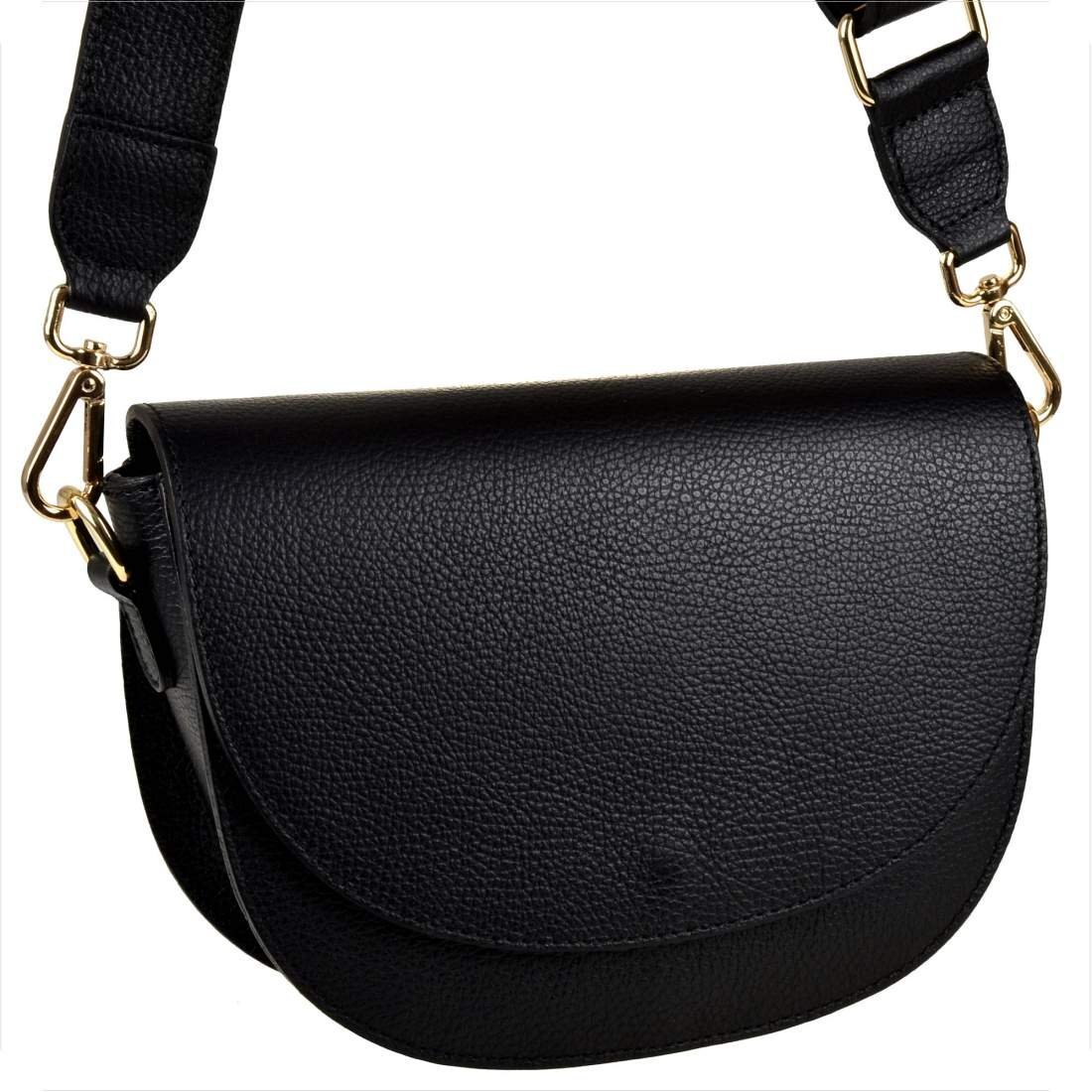 Vera Pelle skórzana listonoszka czarna szeroki pasek złote okucia