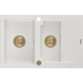 Zlewozmywaki - Mexen Gaspar zlewozmywak granitowy 1,5-komorowy z ociekaczem 737 x 475 mm, biały, syfon złoty - miniaturka - grafika 1