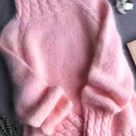 Swetry damskie - TEMU Elegancki różowy sweter damski - Miękki pastelowy różowy zimowy płaszcz z prążkowanym kołnierzykiem i mankietami, nieprześwitujący top na zimną - miniaturka - grafika 1