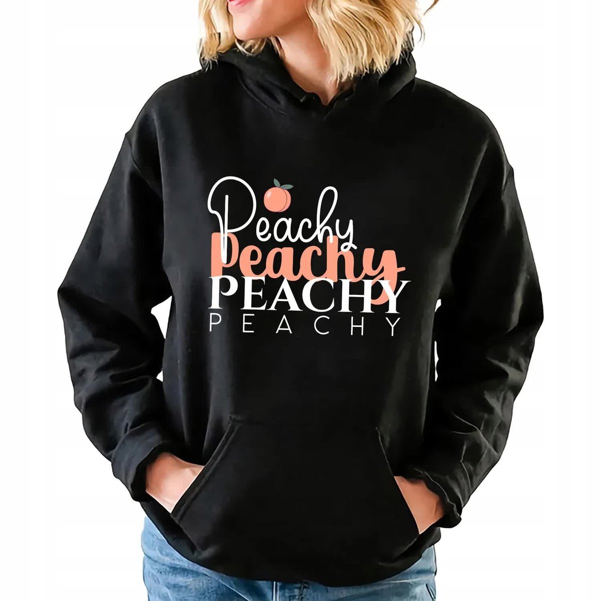 Bluza Damska Czarna Z Kapturem BRZOSKWINIOWE PEACHY Na Prezent Wzory Roz L