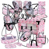 Akcesoria dla lalek - Wózek dla Lalek 3w1 Łóżeczko Krzesełko do Karmienia Pościel Torba Przewijak Nosidło Zestaw XXL - miniaturka - grafika 1