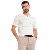 Koszulki męskie - Koszulka polo męska w poziome paski biało-beżowa Ombre OM-POSS-0145 V4 M - miniaturka - grafika 1