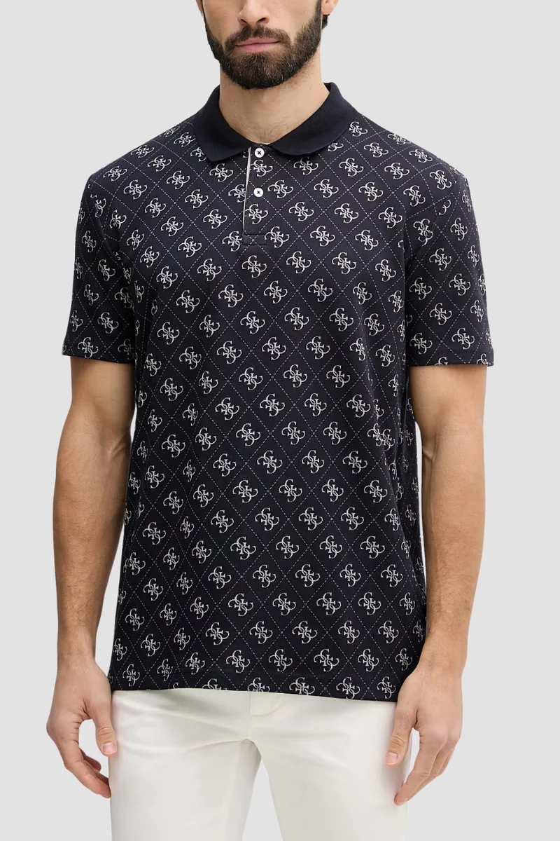 GUESS Granatowa męska koszulka polo w monogram 4G Jacquard XL