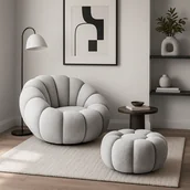 Pufy i podnóżki - Fotel Wypoczynkowy Obrotowy PETTIT Szary z Pufą w Tkaninie Teddy Boucle - miniaturka - grafika 1