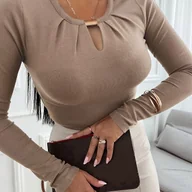 Koszule damskie - TEMU Jednokolorowa Bluza z Okrągłym Dekoltem i Długim Rękawem z Wycięciami, Idealna na Styl Casual ASD1 - miniaturka - grafika 1