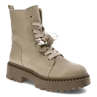 Beżowe Botki Karino Skórzane Eleganckie Buty Damskie - Botki damskie - miniaturka - grafika 1