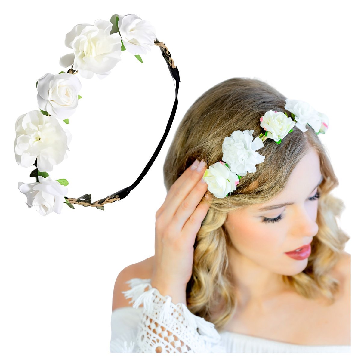 Opaska Wianek na Głowę Biały do Włosów Duże Kwiaty na Gumce Lekki i Wygodny